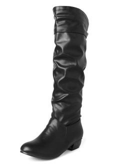 Sungtin Women's Faux Leather Knee High Flat Slouch Boots