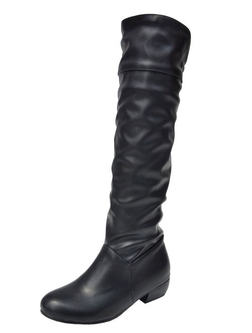 Sungtin Women's Faux Leather Knee High Flat Slouch Boots