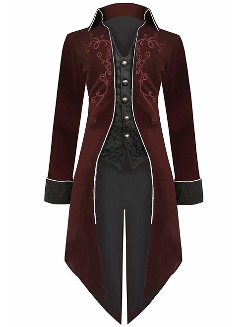 Medieval Steampunk Tailcoat Halloween Costumes for Men, Renaissance Pirate Vampire Gothic Jackets Vintage Warlock Frock Coat