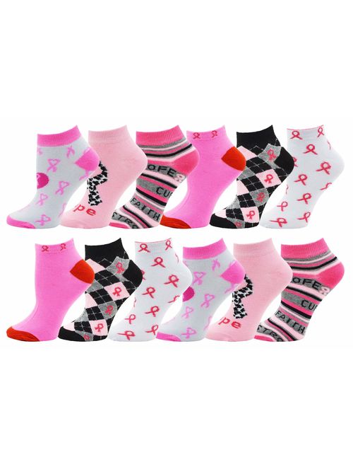 12 Pairs of Womens Breast Cancer Awareness Socks, Pink Ribbon Soft Sport Sock Bulk Pack Gift