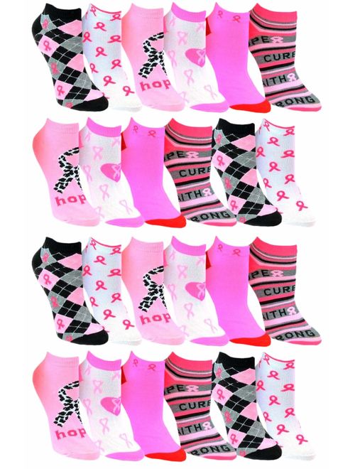 12 Pairs of Womens Breast Cancer Awareness Socks, Pink Ribbon Soft Sport Sock Bulk Pack Gift