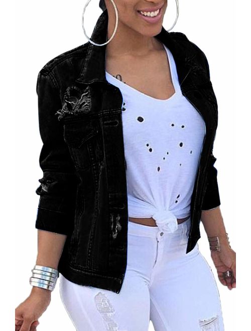 Women Denim Jackets Distressed Button Down Long Sleeve Classic Jean Jacket Coats