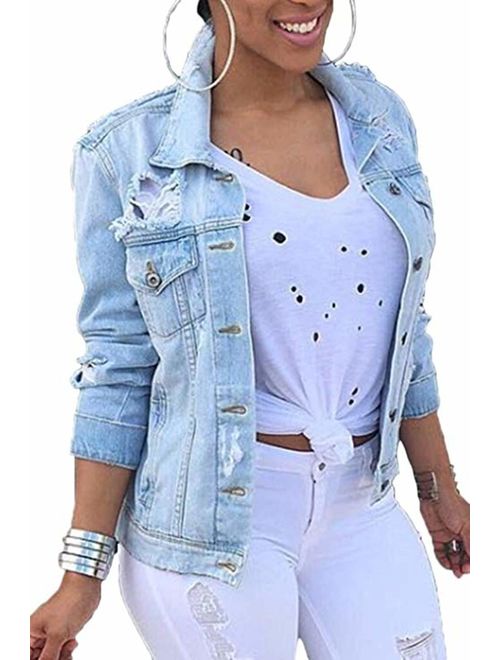 Women Denim Jackets Distressed Button Down Long Sleeve Classic Jean Jacket Coats