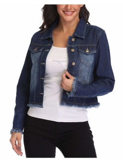 andy & natalie Women's Denim Jackets Casual Collared Long Sleeve Basic Button Down Crop Jean Jacket with Pockets