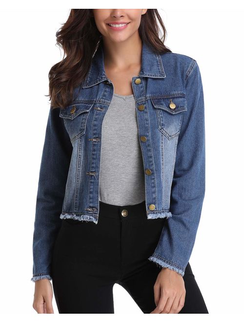 andy & natalie Women's Denim Jackets Casual Collared Long Sleeve Basic Button Down Crop Jean Jacket with Pockets