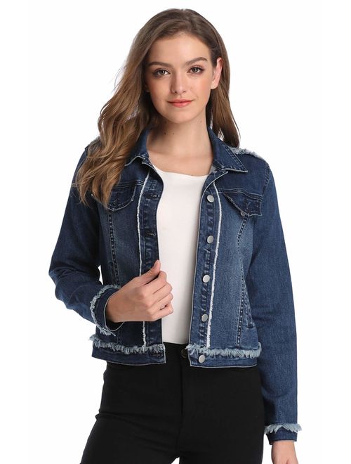 andy & natalie Women's Denim Jackets Casual Collared Long Sleeve Basic Button Down Crop Jean Jacket with Pockets