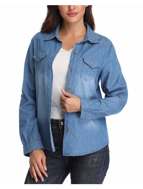 andy & natalie Women's Denim Jackets Casual Collared Long Sleeve Basic Button Down Crop Jean Jacket with Pockets