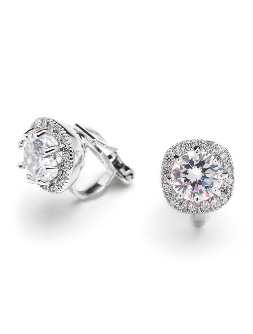 Mariell Cubic Zirconia CZ Clip On Stud Earrings - 10mm Cushion Shape Pave Halo Nonpieced Round Solitaires