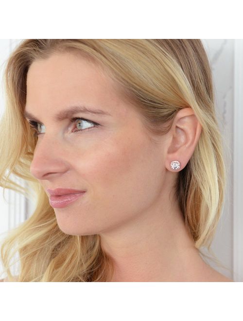 Mariell Cubic Zirconia CZ Clip On Stud Earrings - 10mm Cushion Shape Pave Halo Nonpieced Round Solitaires