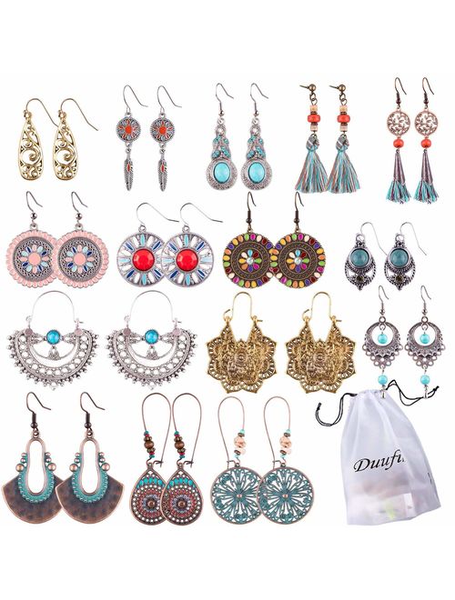 Duufin 15 Pairs Boho Earrings Vintage Bohemian Earrings Drop Dangle Earring Statement Earring Set with a Box for Women and Girls