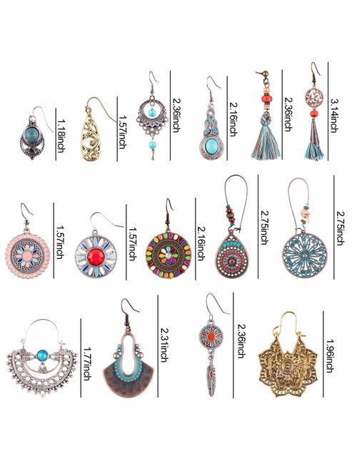 Duufin 15 Pairs Boho Earrings Vintage Bohemian Earrings Drop Dangle Earring Statement Earring Set with a Box for Women and Girls