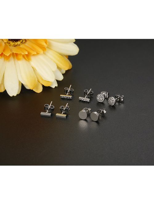 FIBO STEEL Stainless Steel CZ Bar Stud Earrings for Men Women