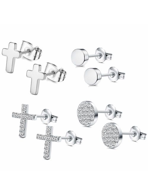 FIBO STEEL Stainless Steel CZ Bar Stud Earrings for Men Women