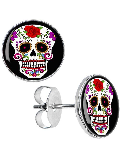 Body Candy Stainless Steel White Sugar Skull Stud Earrings