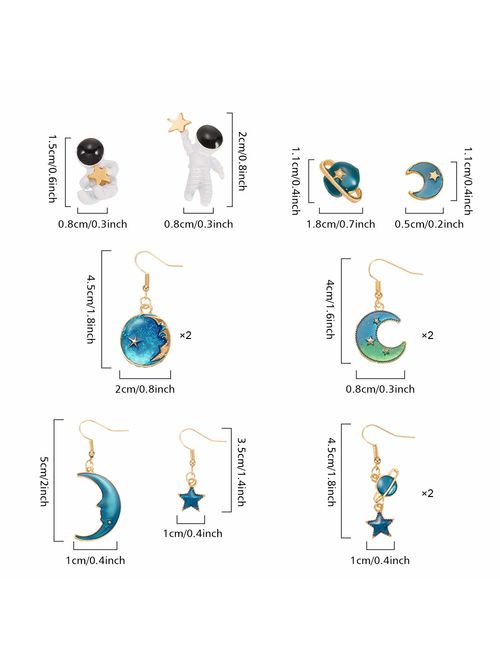 12 Pairs Moon Star Earrings Dangle Earth Planet Asymmetrical Drop Earrings Astronaut Stud Earrings Jewelry for Women Girls