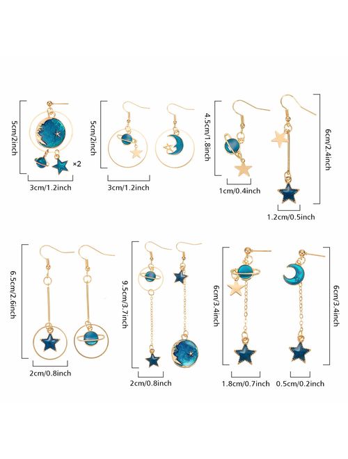 12 Pairs Moon Star Earrings Dangle Earth Planet Asymmetrical Drop Earrings Astronaut Stud Earrings Jewelry for Women Girls