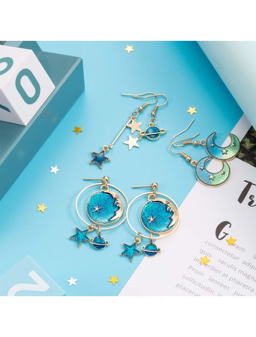 12 Pairs Moon Star Earrings Dangle Earth Planet Asymmetrical Drop Earrings Astronaut Stud Earrings Jewelry for Women Girls