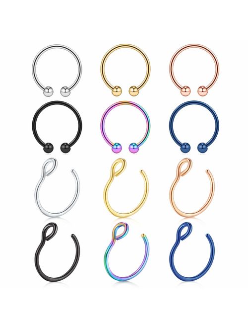 vcmart Fake Nose Rings Hoop 12-16pcs Stainless Steel Faux Fake Lip Ear Nose Septum Ring Non-Pierced Clip On Nose Hoop Rings