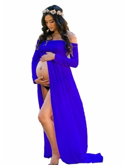 ZIUMUDY Maternity Maxi Chiffon Photography Dress Split Front Gown for Photoshoot