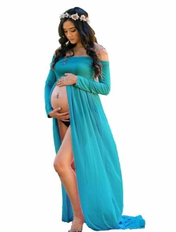 ZIUMUDY Maternity Maxi Chiffon Photography Dress Split Front Gown for Photoshoot