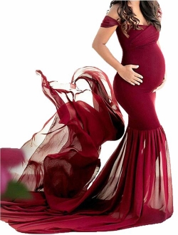 JustVH Maternity Off Shoulder Chiffon Gown Maxi Photography Dress for Photo Shoot Photo Props Dress