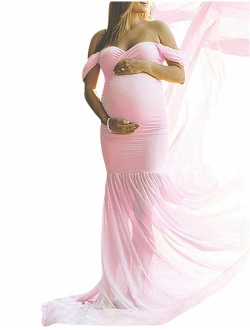 JustVH Maternity Off Shoulder Chiffon Gown Maxi Photography Dress for Photo Shoot Photo Props Dress