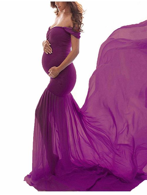 JustVH Maternity Off Shoulder Chiffon Gown Maxi Photography Dress for Photo Shoot Photo Props Dress