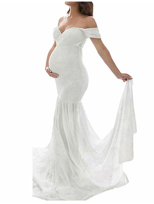 JustVH Maternity Off Shoulder Chiffon Gown Maxi Photography Dress for Photo Shoot Photo Props Dress