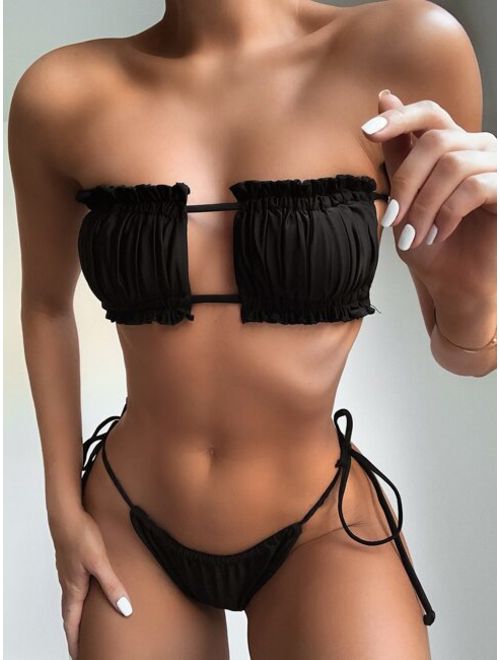 Shein Ruched Bandeau With Tie Side Bikini Set