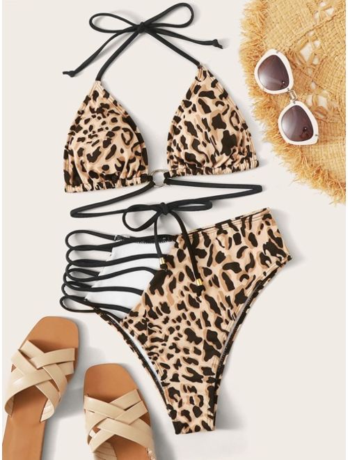 Shein Leopard Halter Top With High Waist Bikini Set