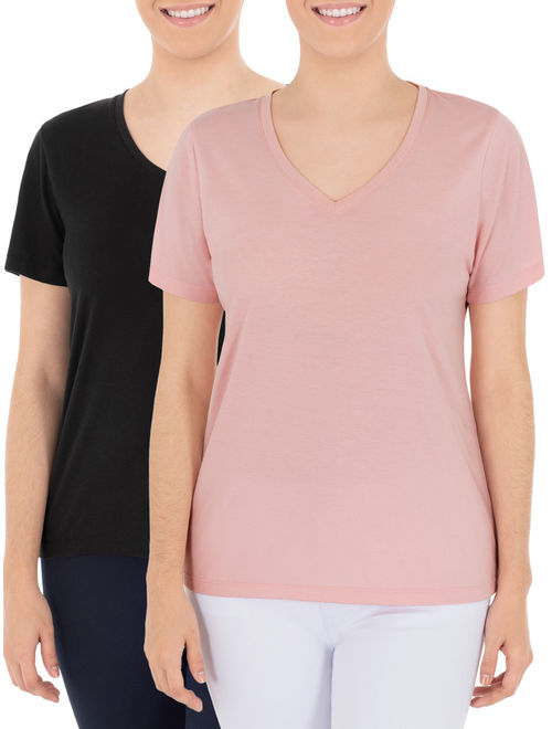 Time and Tru Women's Essential Pima Cotton V-Neck T-Shirt, 2 Pack Bundle