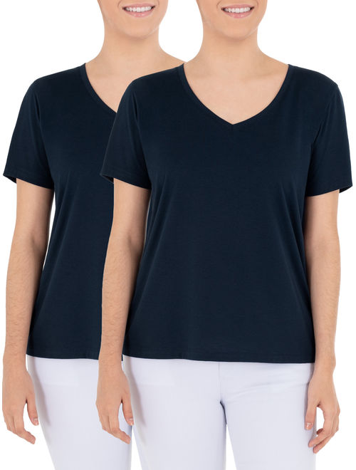 Time and Tru Women's Essential Pima Cotton V-Neck T-Shirt, 2 Pack Bundle