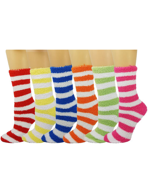 DEBRA WEITZNER Womens Bright Fuzzy Socks Non-skid Grip Ultra Soft 6 pairs - Solid Hearts Pattern