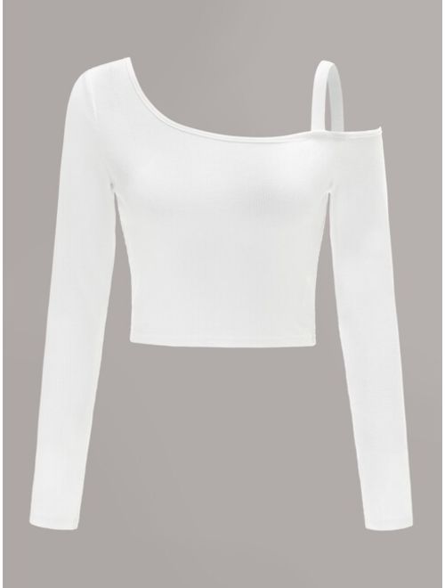 Shein Asymmetrical Neck Rib-knit Top