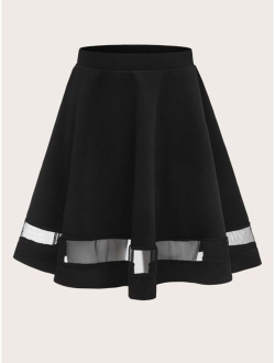 Wide Waistband Mesh Insert Flare Skirt