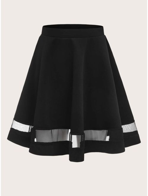 Shein Wide Waistband Mesh Insert Flare Skirt