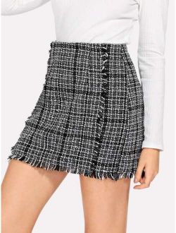 Frayed Trim Plaid Tweed Skirt
