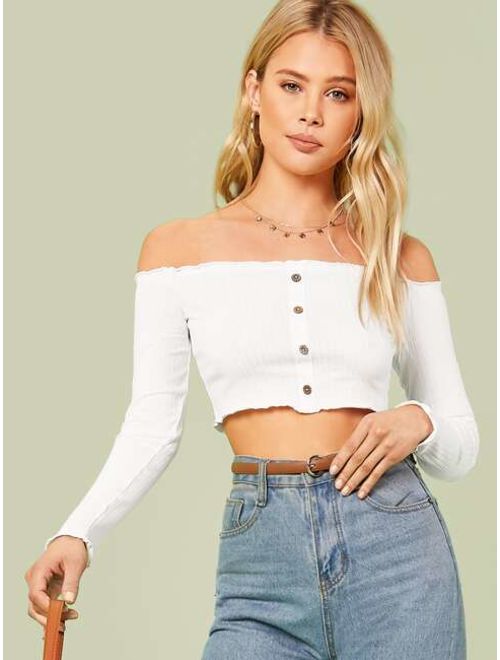 Buy Shein Button Front Lettuce Edge Bardot Top Online Topofstyle 8952