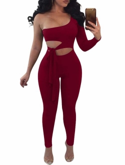 BEAGIMEG Women's Sexy One Shoulder Cut Out Bodycon Club Romper Jumpsuit