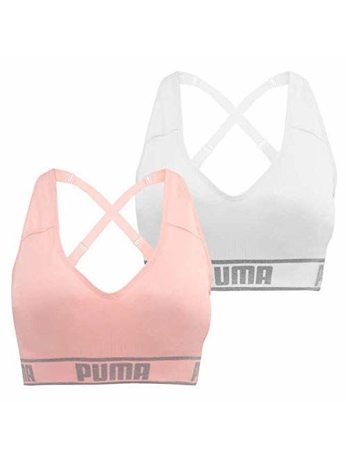 PUMA Women's Seamless Sports Bra Removable Cups - Adjustable Straps Moisture Wicking (2 Pack)