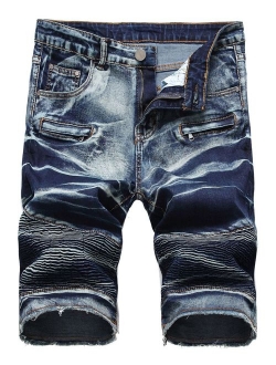 Men's Summer Cool Stylish Wrinkle Performance Moto Ripped Denim Shorts