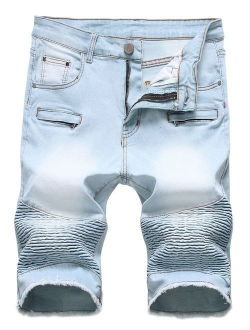 Men's Summer Cool Stylish Wrinkle Performance Moto Ripped Denim Shorts