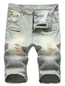 Men's Summer Cool Stylish Wrinkle Performance Moto Ripped Denim Shorts