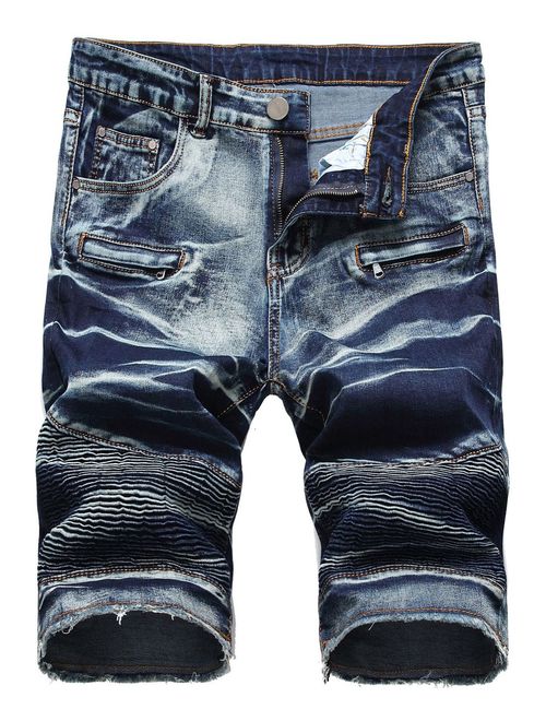 chouyatou Men's Summer Cool Stylish Wrinkle Performance Moto Ripped Denim Shorts