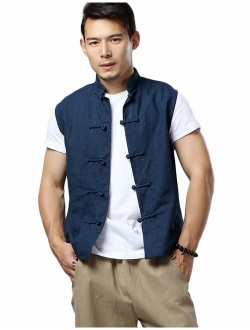 LZJN Mens Summer Waistcoat Chinese Style Vintage Kung Fu Shirt Sleeveless Vest Jacket