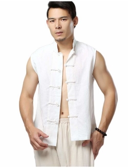 LZJN Mens Summer Waistcoat Chinese Style Vintage Kung Fu Shirt Sleeveless Vest Jacket