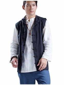 LZJN Mens Summer Waistcoat Chinese Style Vintage Kung Fu Shirt Sleeveless Vest Jacket