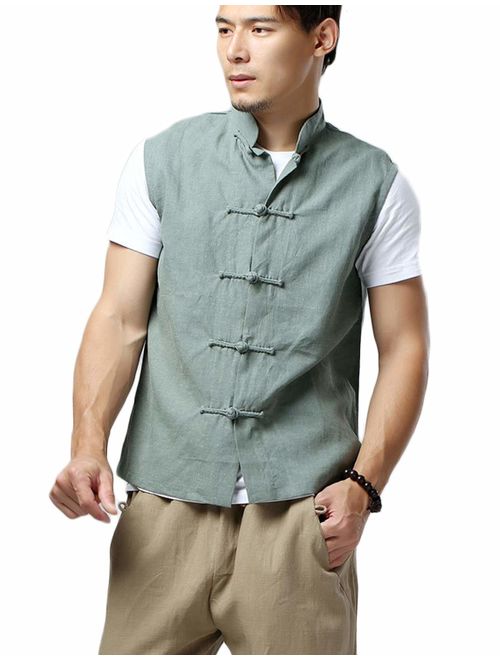 LZJN Mens Summer Waistcoat Chinese Style Vintage Kung Fu Shirt Sleeveless Vest Jacket