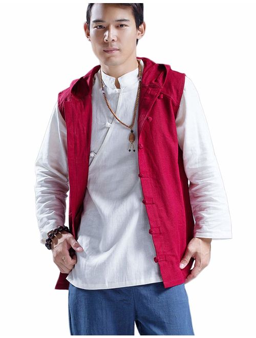 LZJN Mens Summer Waistcoat Chinese Style Vintage Kung Fu Shirt Sleeveless Vest Jacket