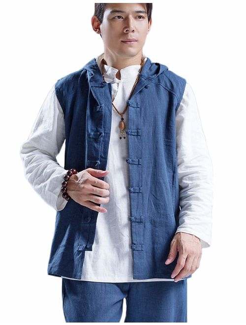 LZJN Mens Summer Waistcoat Chinese Style Vintage Kung Fu Shirt Sleeveless Vest Jacket